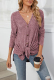 Ribbed Knitting Button Up V Neck Shirt 