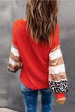 Red Hello Pumpkin Graphic Leopard Striped Colorblock Sleeve V Neck Top