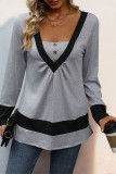 Grey Colorblock V Neck Top 