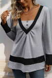 Grey Colorblock V Neck Top 
