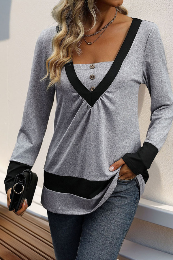 Grey Colorblock V Neck Top 