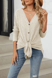 Ribbed Knitting Button Up V Neck Shirt 