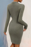 Ribbed Knitting Buttoned Mini Dress