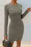 Ribbed Knitting Buttoned Mini Dress