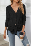 Ribbed Knitting Button Up V Neck Shirt 