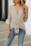 Ribbed Knitting Button Up V Neck Shirt 