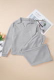 Light Grey Solid Textured Collared V Neck Top and Wide Leg Pants Set