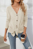 Ribbed Knitting Button Up V Neck Shirt 