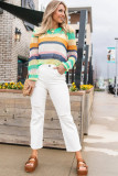 Green Colorblock Patchwork Knit Crochet Eyelet Sweater