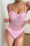 Pink Flower Embroidery Lace Bodysuit 