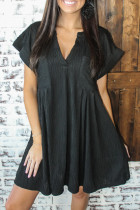 Black Textured V Neck Short Sleeve Pockted Mini Dress