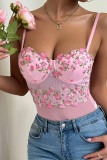 Pink Flower Embroidery Lace Bodysuit 