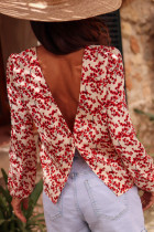 Red Floral Print Long Sleeve Open Back Blouse