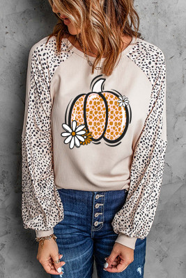 Khaki Leopard Raglan Long Sleeve Floral Pumpkin Graphic Top