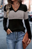 Colorblock V Neck Long Sleeves Top  