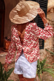 Red Floral Print Long Sleeve Open Back Blouse