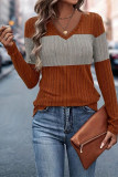 Colorblock V Neck Long Sleeves Top  