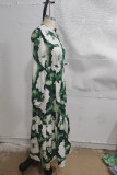 Green Puff Sleeves Elastic Waist Maxi Dress 