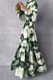 Green Puff Sleeves Elastic Waist Maxi Dress 