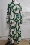 Green Puff Sleeves Elastic Waist Maxi Dress 