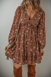 Brown Boho Floral Ruffled Puff Sleeve V Neck Mini Dress