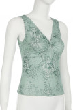 Green Twist Knot Floral Tank Top 