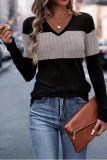 Colorblock V Neck Long Sleeves Top  