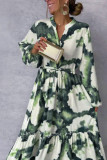 Green Puff Sleeves Elastic Waist Maxi Dress 