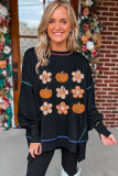 Black Floral Pumpkin Graphic Split Lantern Sleeve Seamed Sweatshirt