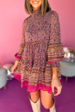 Purple Floral Smocked Puff Sleeve High Neck Mini Dress