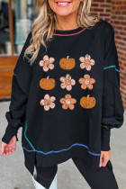 Black Floral Pumpkin Graphic Split Lantern Sleeve Seamed Sweatshirt