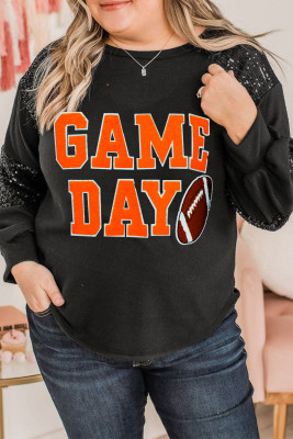 Black Game Day Rugby Football Graphic Sequin Patchwork Sleeve Plus Size Top