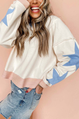 Beige Star Patchwork Exposed Seam Oversized Sweatshirt