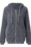 Plus Size Grey Zipper Hooded Sweatshirt Fleece Coat 