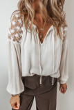 White Floral Lace Patchwork Puff Sleeve Tied V Neck Blouse