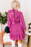 Rose Leopard Puff Sleeve Knotted High Neck Ruffle Dress