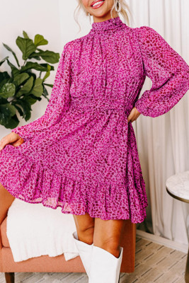 Rose Leopard Puff Sleeve Knotted High Neck Ruffle Dress