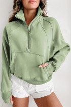 Smoke Green Fleece Lined Zip Up Stand Collar Thumbhole Sleeve Sweatshirt