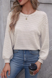 Khaki Stripe Round Neck Drop Shoulder Long Sleeve Top