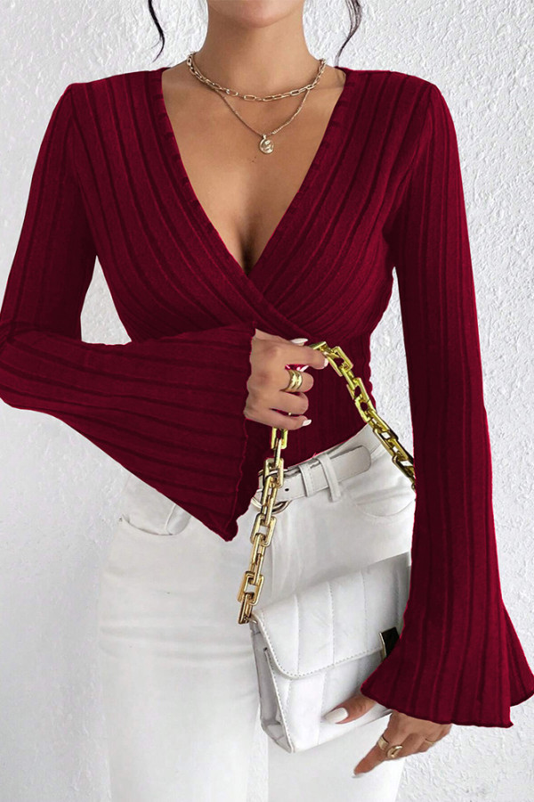 V Neck Flare Sleeves Knitting Top 