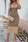 V Neck Stripes Knitting Sweater Dress 