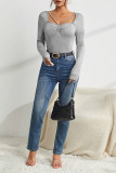 Grey Long Sleeves Square Neck Top 