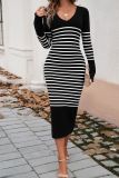 V Neck Stripes Knitting Sweater Dress 