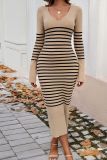 V Neck Stripes Knitting Sweater Dress 