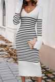 V Neck Stripes Knitting Sweater Dress 