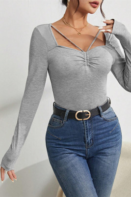 Grey Long Sleeves Square Neck Top 