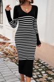 V Neck Stripes Knitting Sweater Dress 