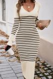 V Neck Stripes Knitting Sweater Dress 