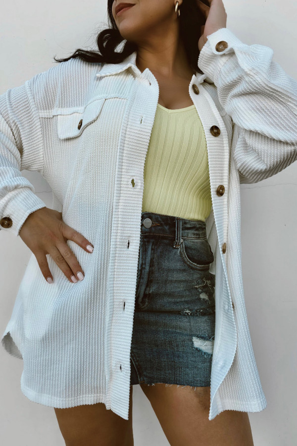 White Solid Corded Drop Shoulder Plus Size Shacket