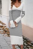 V Neck Stripes Knitting Sweater Dress 